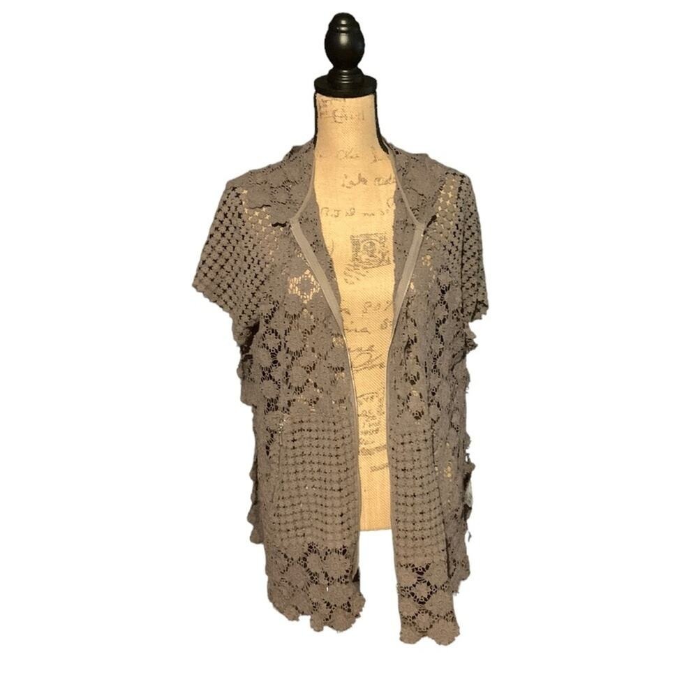 Elie Tahari‎ Cardigan Vest Top Womens Small Taupe Grey Cotton Crochet Hooded Zip